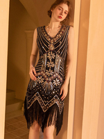 Robes De Soirée Robe Vintage 1920s Semi-formelle Géométrique Sans Manches À Col En V Et Or Noir