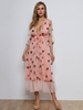 Robes de soirée rose col en V à lacets manches longues tulle pure robe semi-formelle maxi