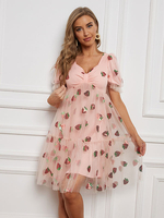 Robes de soirée rose col en V manches courtes tulle robe semi-formelle surdimensionnée robe droite