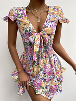 Robes de soirée Rose Col V Noué Manches Courtes Imprimé Floral Robe Semi Formelle Superposée
