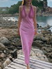 Robes de soirée rose licou fermeture éclair sans manches dété robe semi-formelle irrégulière