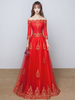 Robes de soirée rouge en dentelle une ligne à manches longues au sol formelle robes de soirée