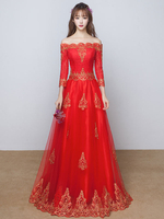 Robes de soirée rouge en dentelle une ligne à manches longues au sol formelle robes de soirée