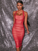 Robes de soirée rouge licou plissé sans manches épaule ouverte longue robe semi-formelle
