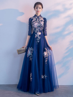 Robes de soirée Royal Blue Lace Applique Stand col une robe de soirée étage formelle robes