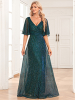 Robes De Soirée Vert Foncé Col En V Paillettes Transparente Robe Semi-Formelle