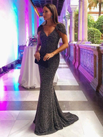 Robes de Soirées de Clubs en Paillettes Longues Robes de Sirènes à Col Décolleté en V avec Manches Courtes Coupe Cintrée Unicolore Robes Etés Sexy