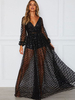 Robes de Soirées de Clubs en Paillettes Sexy Longues en Mousselines à Col V avec Manches Longues Amples Coupe Cintrée Transparentes Bas Evasée Unicolore Etés Sexy