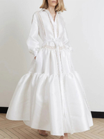 Robes de Soirées de Clubs en Satins Femmes Longues à Col Revers avec Manches Longues Amples Coupe Cintrée à Lacets Bas Evasée Unicolore Etés