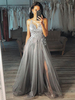 Robes de Soirées en Dentelles Broderies Florales Femmes Longues Sexy avec Bretelles à Col Décolleté en V Coupe Cintrée Bas Evasée avec Fente Unicolore