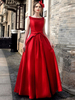 Robes de Soirées en Satin Longues à Col Rond sans Manches avec Dos Nu Coupe Cintrée Bas Evasée Unicolore Robe Longue