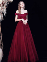 Robes de Soirées Longues en Mousselines Femmes avec Manches Courtes Epaules Dénudées Coupe Cintrée avec Dos Nu à Lacets Bas Evasée Unicolore Robes de Princesse Bordeaux