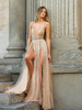 Robes de Soirées Longues en Paillettes Femmes en Mousselines Transparentes avec Bretelles à Col Décolleté en V Coupe Cintrée avec Dos Nu Fente Latérale Bicolores Etés Sexy