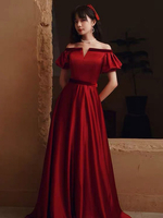 Robes de Soirées Longues en Satin Femmes avec Manches Courtes Epaules Dénudées Coupe Cintrée Bas Evasée Unicolore Robes de Princesse Bordeaux