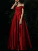 Robes de Soirées Longues en Satin Femmes Epaules Dénudées sans Manches Coupe Cintrée Bas Evasée avec Dos Nu Unicolore Robes de Princesse Bordeaux