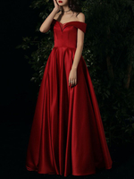 Robes de Soirées Longues en Satin Femmes Epaules Dénudées sans Manches Coupe Cintrée Bas Evasée avec Dos Nu Unicolore Robes de Princesse Bordeaux