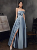 Robes de Soirées Longues en Satin Femmes Epaules Dénudées sans Manches Coupe Cintrée Décors avec Noeud Bas Evasée avec Dos Nu Unicolore Robes de Princesse