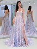 Robes de Soirées Longues Femmes Broderies robe fleurie sans Bretelles avec Epaules Dénudées Coupe Cintrée avec Dos Nu Fente Latérale Bas Evasée Bicolores Robes Sexy