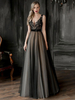 Robes de Soirées Longues Femmes en Mousselines Cousu en Dentelles Florals à Col Décolleté en V sans Manches Coupe Cintrée Bas Evasée avec Dos Nu Bicolores Robe de Soirée Princesse