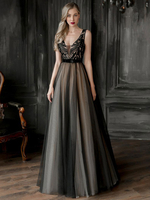 Robes de Soirées Longues Femmes en Mousselines Cousu en Dentelles Florals à Col Décolleté en V sans Manches Coupe Cintrée Bas Evasée avec Dos Nu Bicolores Robe de Soirée Princesse