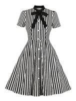 Robes de Vinatges Femmes 1950s Imprimés Rayures Courtes à Col Rond à Lacets avec Noeud Coupe Cintrée avec Boutons Bas Evasée Bicolores Robes de Rétros