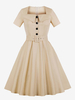 Robes de Vintages 1950s Femmes Courtes à Col Carré avec Manches Courtes Coupe Cintrée avec Ceinture Bas Evasée Unicolore Blanche Robes de Rétros