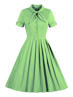 Robes de Vintages 1950s Femmes Courtes à Col Montant avec Manches Courtes à Lacets Coupe Cintrée avec Ceinture Bas Evasée Unicolore Robes de Rétros