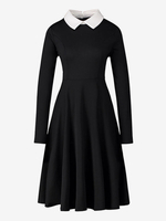 Robes de Vintages 1950s Femmes Courtes à Col Revers avec Manches Longues Coupe Cintrée Bas Evasée Unicolore