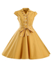 Robes de Vintages 1950s Femmes Courtes à Col Revers avec Volants avec Manches Courtes Coupe Cintrée avec Ceinture à Lacets Bas Evasée Bicolores Robes Rétros Vintages