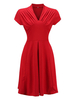 Robes de Vintages 1950s Femmes Courtes à Col V avec Manches Courtes Coupe Cintrée Bas Evasée Unicolore Robes de Rétros