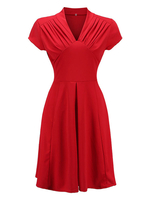 Robes de Vintages 1950s Femmes Courtes à Col V avec Manches Courtes Coupe Cintrée Bas Evasée Unicolore Robes de Rétros