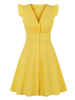 Robes de Vintages 1950s Femmes Courtes à Col V avec Manches Courtes Volantes Coupe Cintrée Bas Evasée Unicolore Robes de Rétros