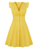 Robes de Vintages 1950s Femmes Courtes à Col V avec Manches Courtes Volantes Coupe Cintrée Bas Evasée Unicolore Robes de Rétros