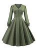 Robes de Vintages 1950s Femmes Courtes à Col V avec Manches Longues Coupe Cintrée Décors avec Boutons Bas Evasée Unicolore