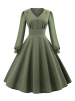 Robes de Vintages 1950s Femmes Courtes à Col V avec Manches Longues Coupe Cintrée Décors avec Boutons Bas Evasée Unicolore