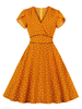 Robes de Vintages 1950s Femmes Courtes Imprimés avec Manches Courtes à Col V Coupe Cintrée Bas Evasée Cousu Bicolores Robes Rétros
