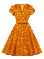 Robes de Vintages 1950s Femmes Courtes Imprimés avec Manches Courtes à Col V Coupe Cintrée Bas Evasée Cousu Bicolores Robes Rétros