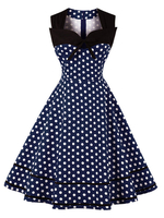 Robes de Vintages 1950s Femmes Courtes Imprimés Pois à Col Coeur avec Noeud avec Bretelles Coupe Cintrée Bas Evasée Bicolores Robes de Rétros