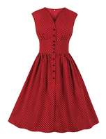 Robes de Vintages 1950s Femmes Courtes Imprimés Pois à Col V Coupe Cintrée Bas Evasée Bicolores Robes de Rétros