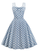 Robes de Vintages 1950s Femmes Courtes Imprimés Pois avec Bretelles à Col Carré à Lacets avec Noeud Coupe Cintrée Bas Evasée Bicolores Robes de Rétros