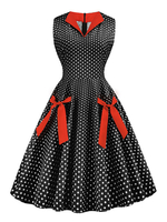 Robes de Vintages 1950s Femmes Courtes Imprimés Pois Courtes à Col Revers sans Manches Coupe Cintrée Bas Evasée avec Noeud Bas Evasée Bicolores Robes de Rétros