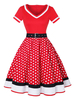 Robes de Vintages 1950s Femmes Courtes Imprimés Rayures et Pois à Col Rond avec Manches Courtes Coupe Cintrée Bas Evasée Bicolores Robes Rétros