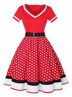 Robes de Vintages 1950s Femmes Courtes Imprimés Rayures et Pois à Col Rond avec Manches Courtes Coupe Cintrée Bas Evasée Bicolores Robes Rétros