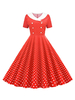 Robes de Vintages 1950s Femmes Imprimés en Pois Mi-longues à Col V avec Manches Courtes Décors avec Boutons Coupe Cintrée Bas Evasée Bicolores