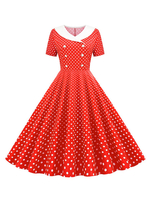 Robes de Vintages 1950s Femmes Imprimés en Pois Mi-longues à Col V avec Manches Courtes Décors avec Boutons Coupe Cintrée Bas Evasée Bicolores