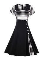 Robes de Vintages 1950s Femmes Imprimés Rayures à Col Revers avec Manches Courtes Coupe Cintrée avec Boutons Bas Evasée Bicolores Robes de Rétros