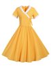 Robes de Vintages 1950s Femmes Mi-longues à Col V à Lacets avec Manches Courtes Coupe Cintrée Bas Evasée Bicolores
