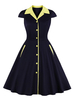 Robes de Vintages Courtes Femmes à Col Revers avec Manches Courtes Coupe Cintrée Bas Evasée avec Boutons Cousu Bicolores avec Poches Robes de Rétros