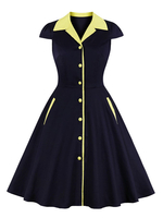 Robes de Vintages Courtes Femmes à Col Revers avec Manches Courtes Coupe Cintrée Bas Evasée avec Boutons Cousu Bicolores avec Poches Robes de Rétros