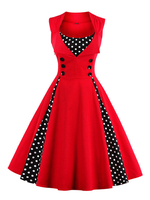 Robes de Vintages Courtes Femmes 1950s Imprimés Pois à Col Rond avec Bretelles Coupe Cintrée avec Boutons Bas Evasée Bicolores Robes Etés Sexy